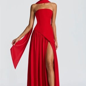 Strapless Red High-Slit Evening Gown